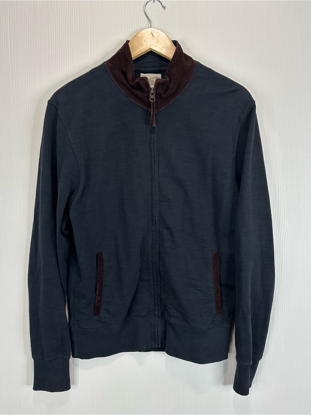 Billy Reid Black Zip-Up Sweater with Brown suede Trim